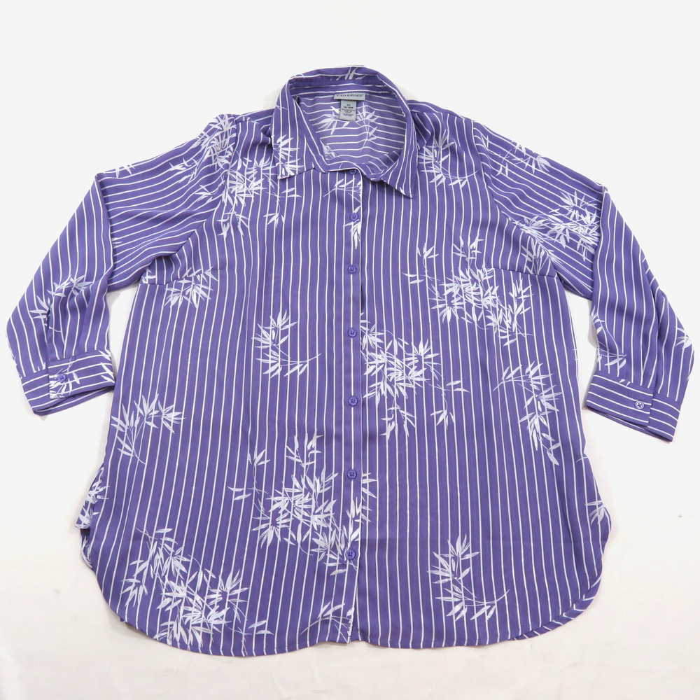 Catherines Purple Shirt Striped Floral Button Down Top Polyester Womens Sz 14-16